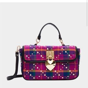 BETSEY JOHNSON PRETTY & PUNK PLAID STUDDED FLAP SATCHEL PINK